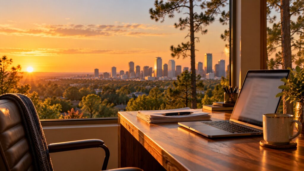 Home office overlooking the Houston skyline at sunset