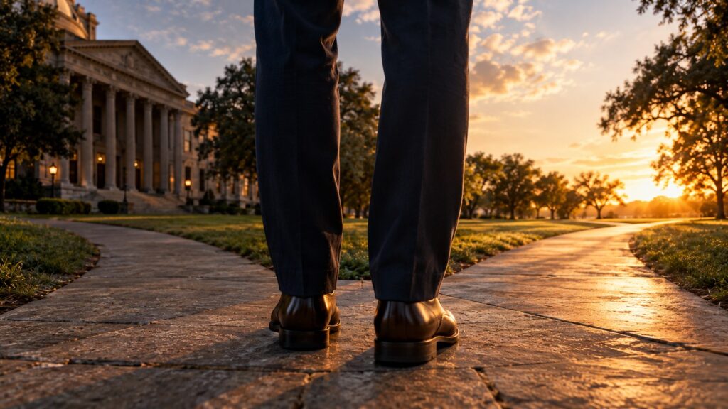 Shoes at a fork in a path leading to a Texas courthouse
