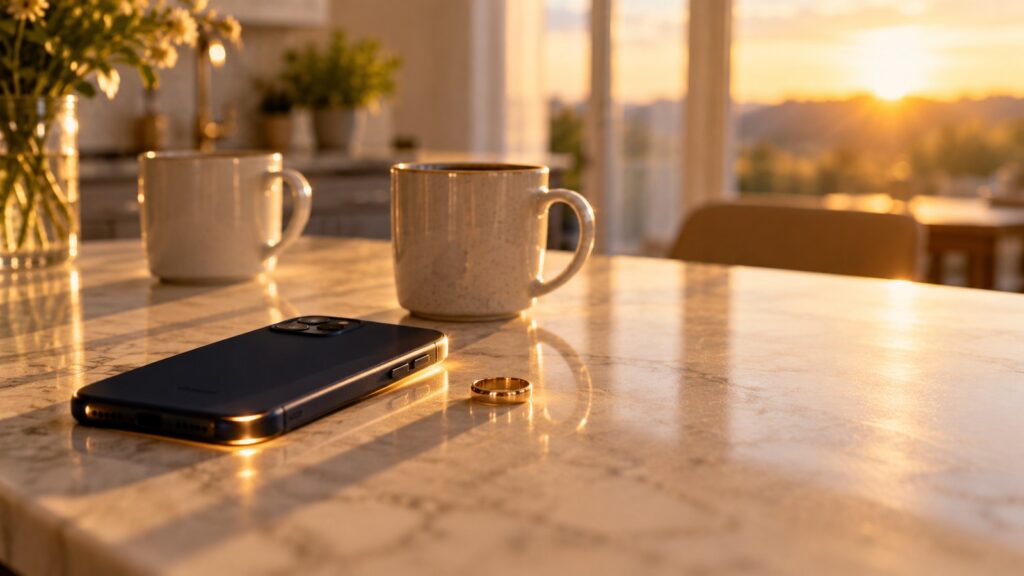 Phone face-down beside a wedding ring on a kitchen counter