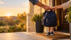 Parent handing child's backpack to co-parent at a Texas home
