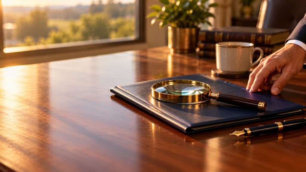 Magnifying glass on a document folder on a walnut desk