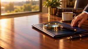 Magnifying glass on a document folder on a walnut desk