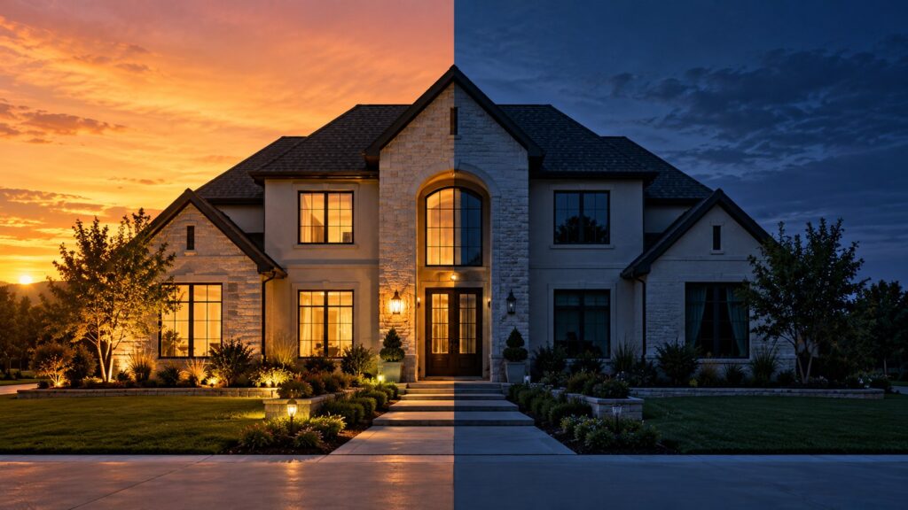 Texas home split in half, one side lit, one side dark