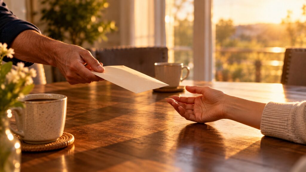 Envelope passed across a table between two people