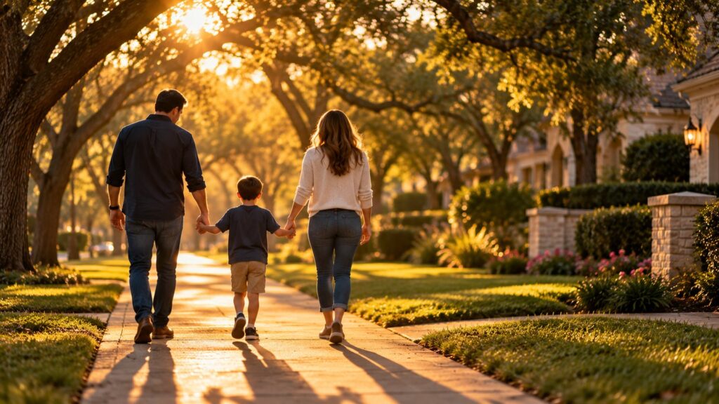 Child walking hand in hand with both parents on a Houston street