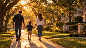 Child walking hand in hand with both parents on a Houston street